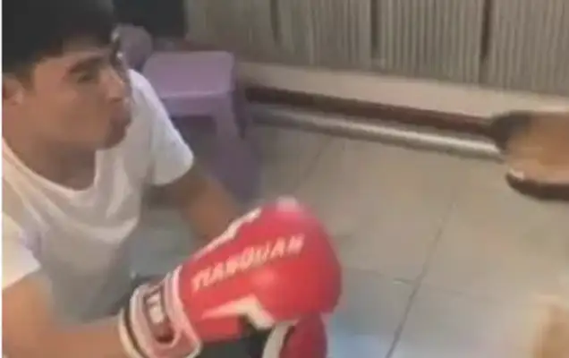 The master fights with the dog, the dog gets his head off, the master gets his black eyes