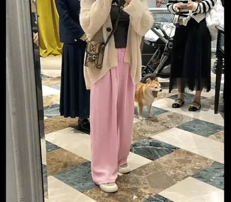 The girl went shopping with a puppy and tried to get a picture of what she owed