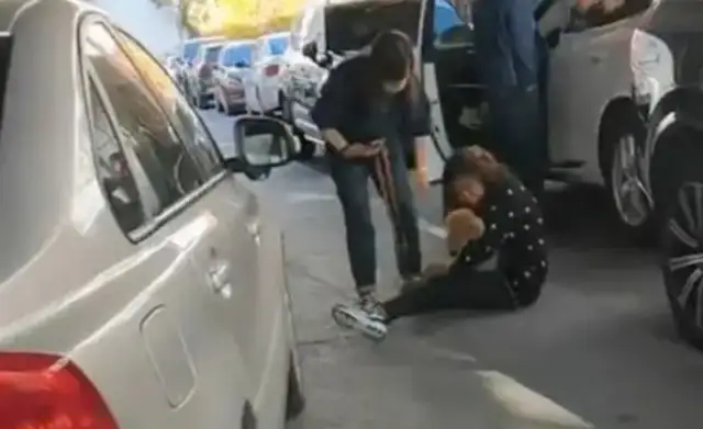 A woman walks without a leash, the dog is crushed by a car, and a woman starts crying: Mom, please, you can't die