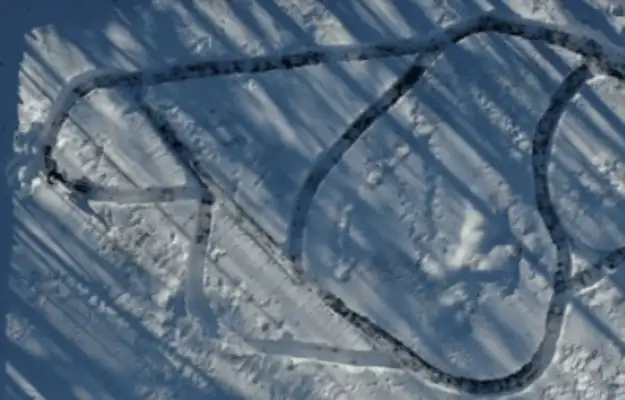 Twenty-one dogs running in the snow labyrinth, looking down to envious