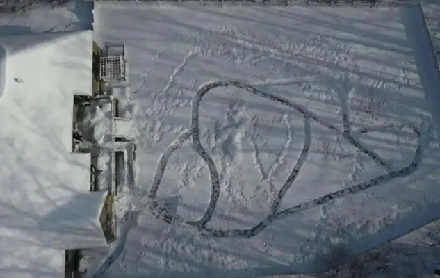 Twenty-one dogs running in the snow labyrinth, looking down to envious