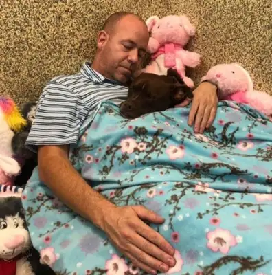 the stray dog waits 400 days for no one to hold him. the male god moves into the cage and sleeps with the dog