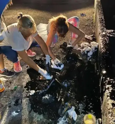The dog was covered in tar, and the volunteers spent nine hours cleaning it up: it wasn't the same thing