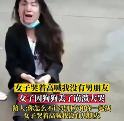 The girl lost her pet dog and sat down on the street crying