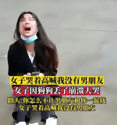 The girl lost her pet dog and sat down on the street crying