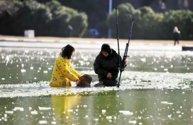 The dog is trapped in an ice lake, the eager man is rescued from an ice break, the latter act is moved by anyone
