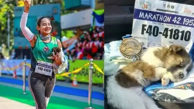 The girl ran a marathon, met a shiver puppy, and she held her puppy for 30 kilometers